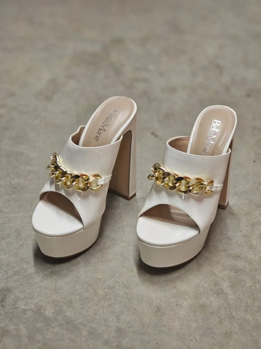 White Platform Heels With Gold Chain Detail Open Toe Patent Finish & Chunky Bloc
